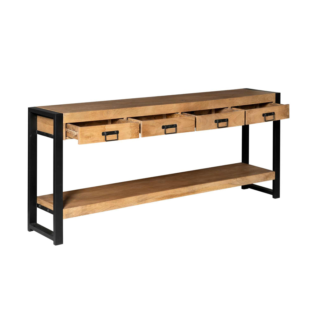 Beistelltisch Bori Schwarz – Mangoholz Tisch 180×76×35 cm mit 4 Schubladen & modernem Metallgestell