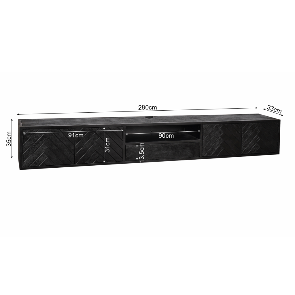 TV-Board Jacky 280x35x33 cm – modernes Mangoholz mit Fischgrätfront in Schwarz & offenem Fach