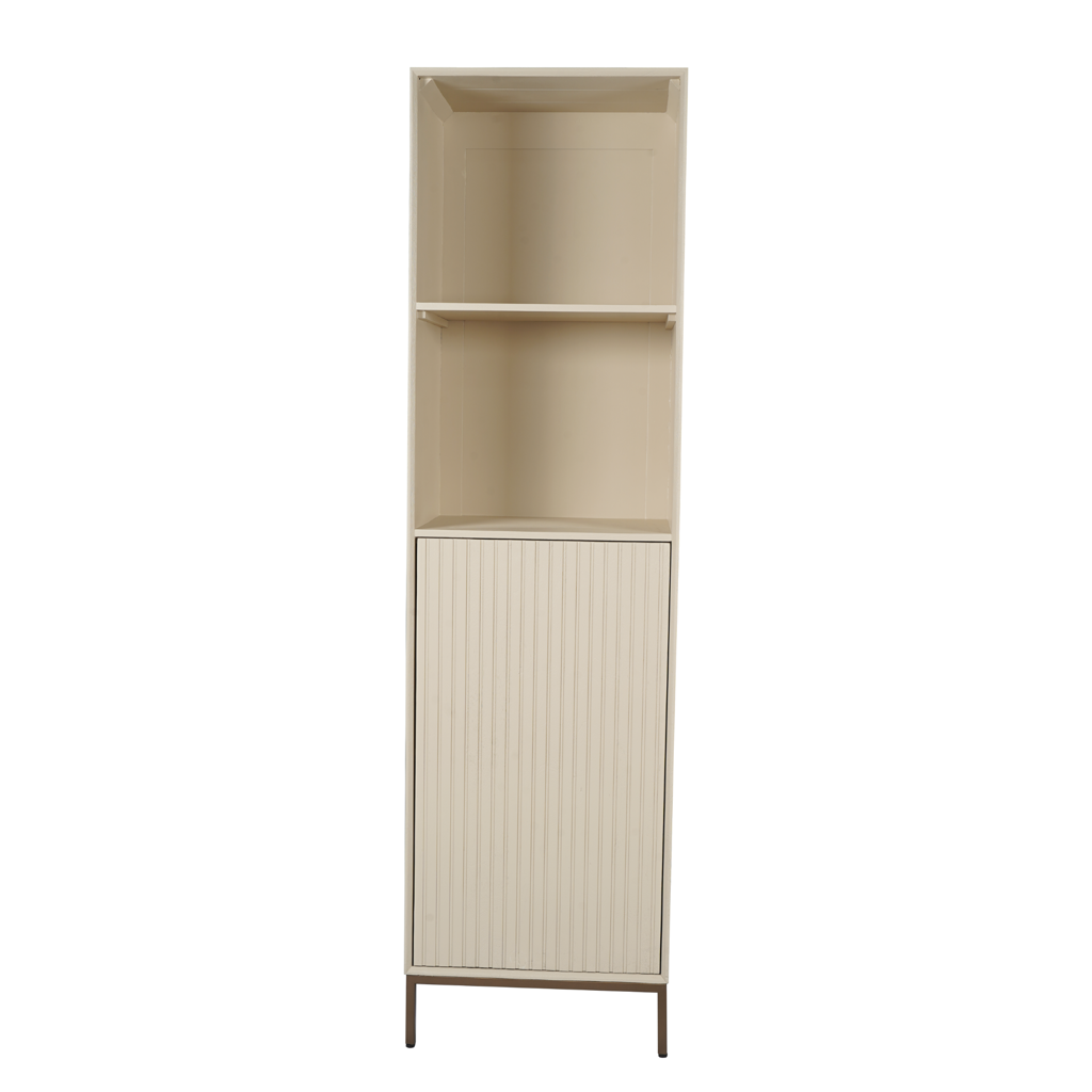 Bücherregal Mandy Sand – Mangoholz mit Sand-Finish & bronzefarbenem Metallgestell, 1 Tür & 2 offene Fächer, 55 x 45 x 200 cm