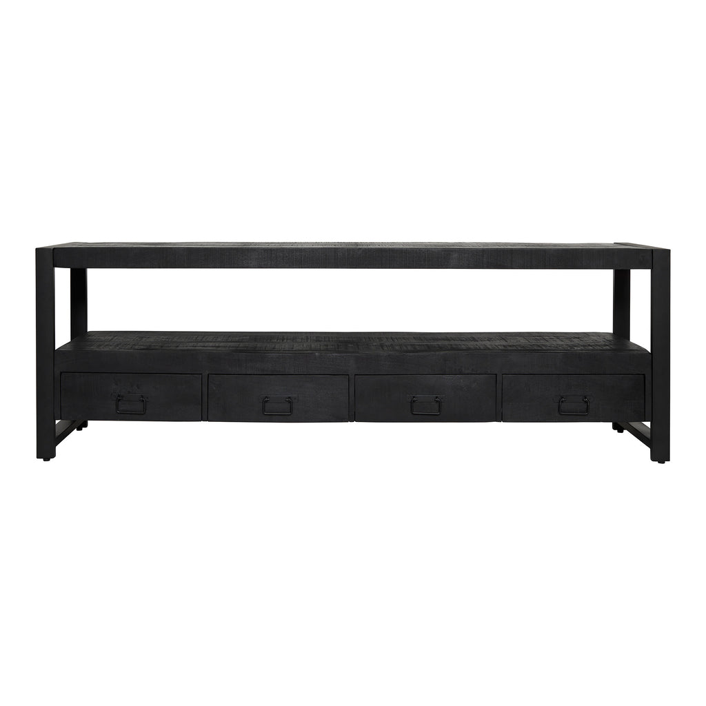 TV-Board Bori Schwarz – Mangoholz TV-Schrank 180×60×45 cm mit 4 Schubladen, offenem Fach & Metallgestell im modernen Design