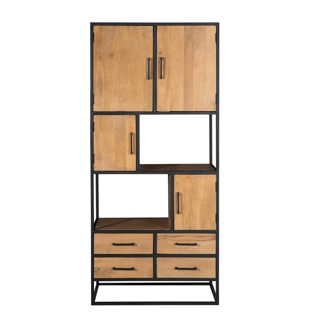 Schrank Delta 90x45x200 cm – Massives Mangoholz Bücherregal Natur mit Metallrahmen & viel Stauraum