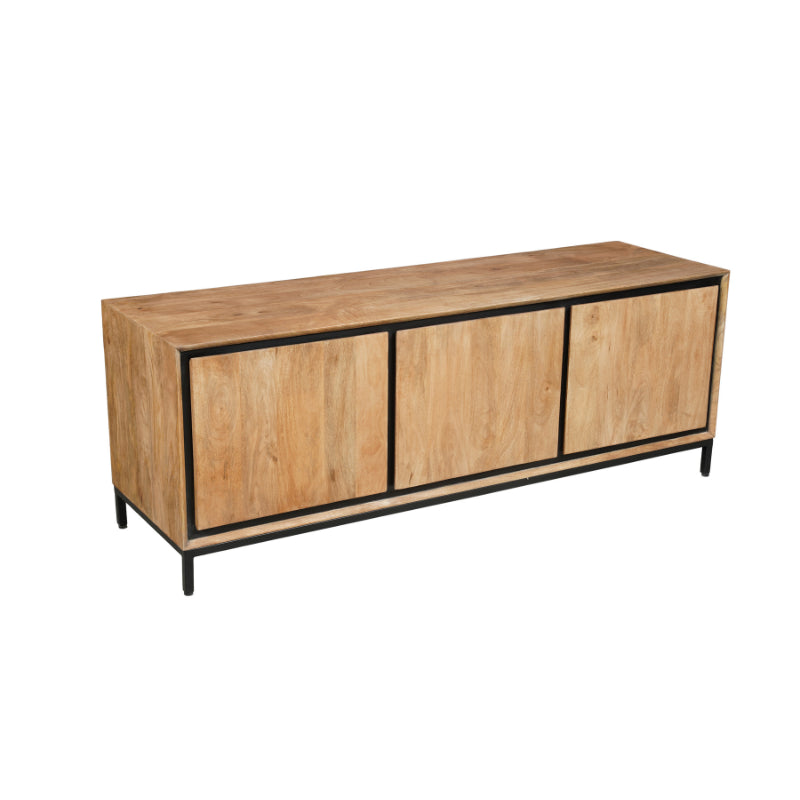 TV-Board Rois 150x45x55 cm – Massives Mangoholz mit schwarzem Metallrahmen & 3 grifflosen Türen