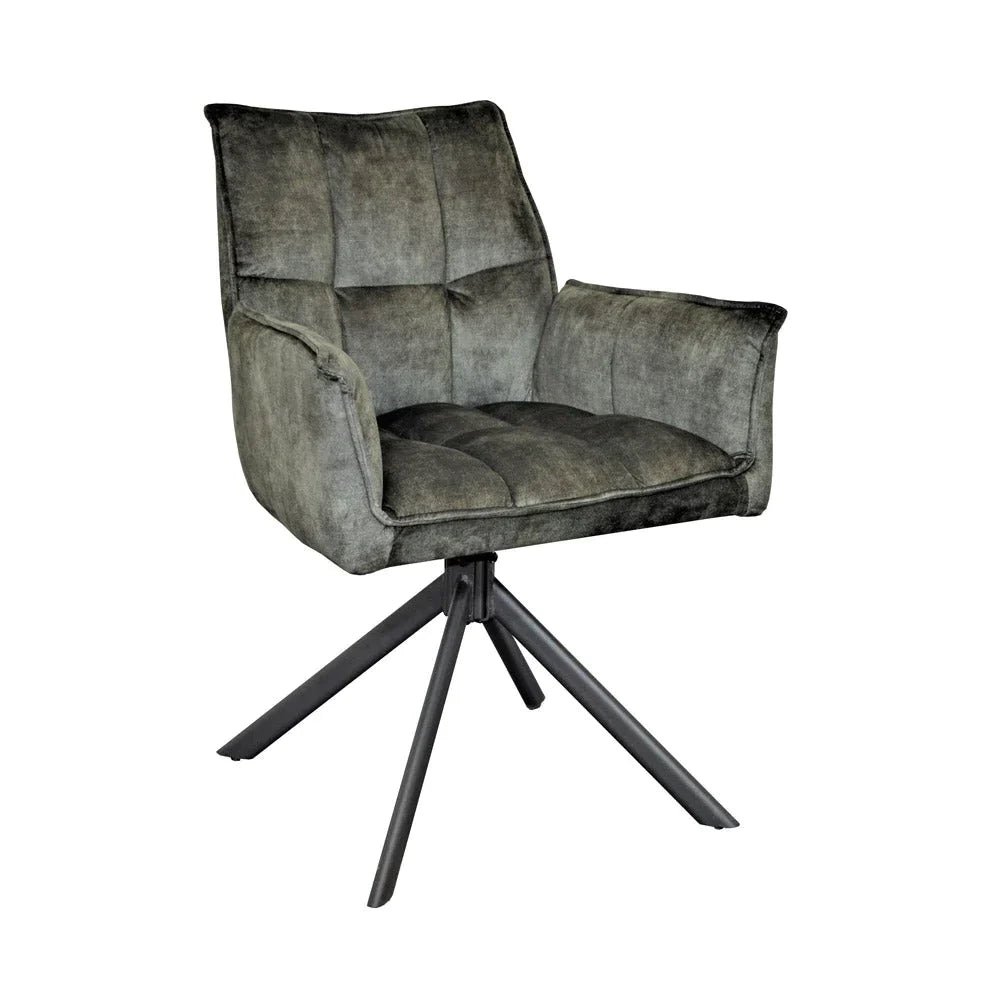Esszimmerstuhl Daira Velvet Grün – Drehstuhl 65×56×85 cm mit Armlehnen, Memory-Rückkehr & schwarzem Metallbein