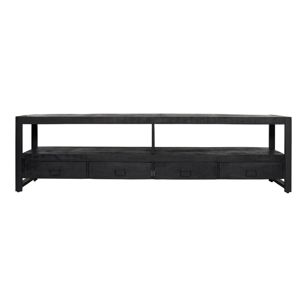 TV-Board Bori Schwarz – TV-Schrank aus Mangoholz 220×60×45 cm mit 4 Schubladen, 2 offenen Fächern & Metallgestell im modernen Design