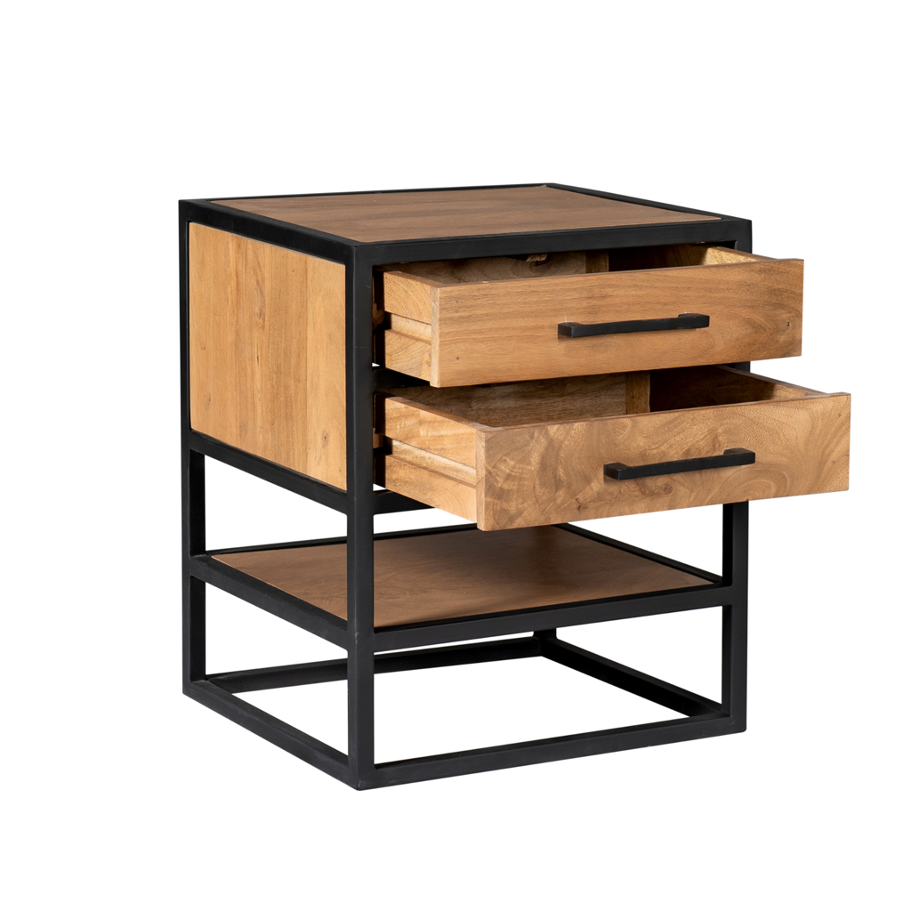 Nachttisch Delta Natur aus Mangoholz,  Natur,  45x40x53 cm – moderner Beistelltisch mit 2 Schubladen & Metallgestell