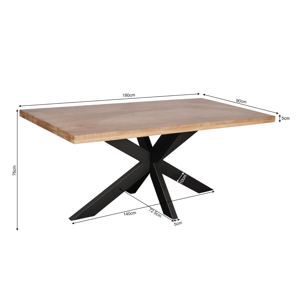 Esstisch Delta Natur 180x90x76 cm – Rechteckiger Tisch aus Mangoholz mit klarer Lackierung & schwarzem Matrixgestell
