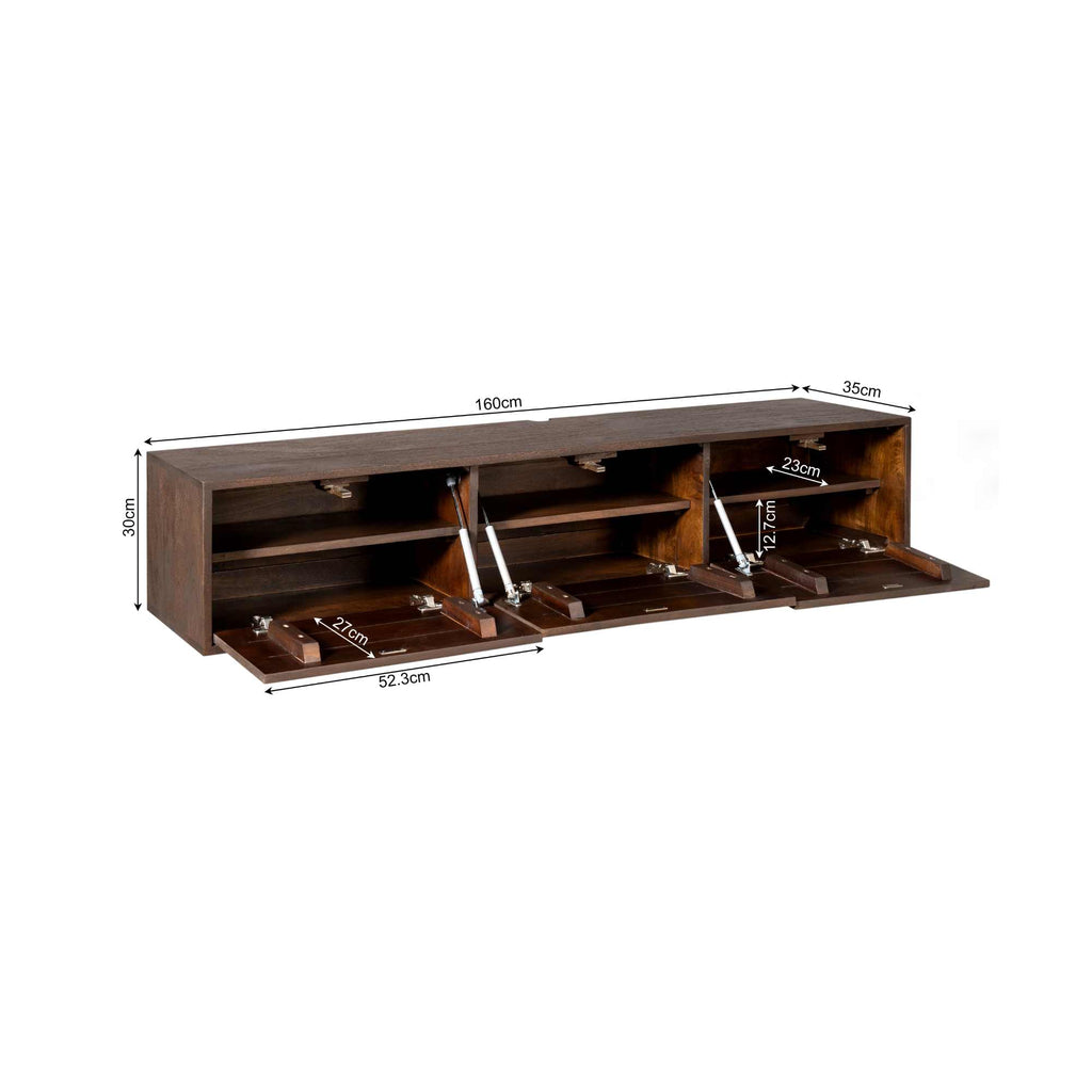 Schwebendes TV-Board Focus Braun 160x35x30 cm – Massivholz TV-Board zur Wandmontage mit Push-to-Open Türen