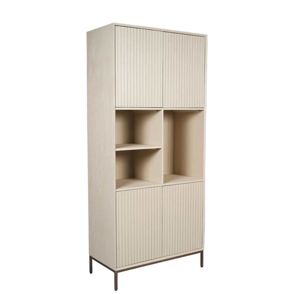 Regalschrank Mandy Sand – Mangoholz mit Lamellenmuster & bronzefarbenem Gestell, 90 x 45 x 200 cm