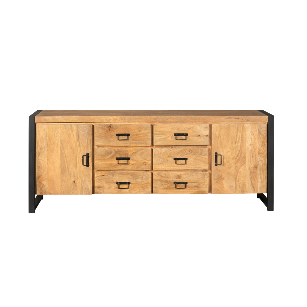 Sideboard Bori Natur– Mangoholz Kommode mit Metallgestell 200×80×40 cm, 2 Türen, 6 Schubladen & Regale. Modernes Möbelstück