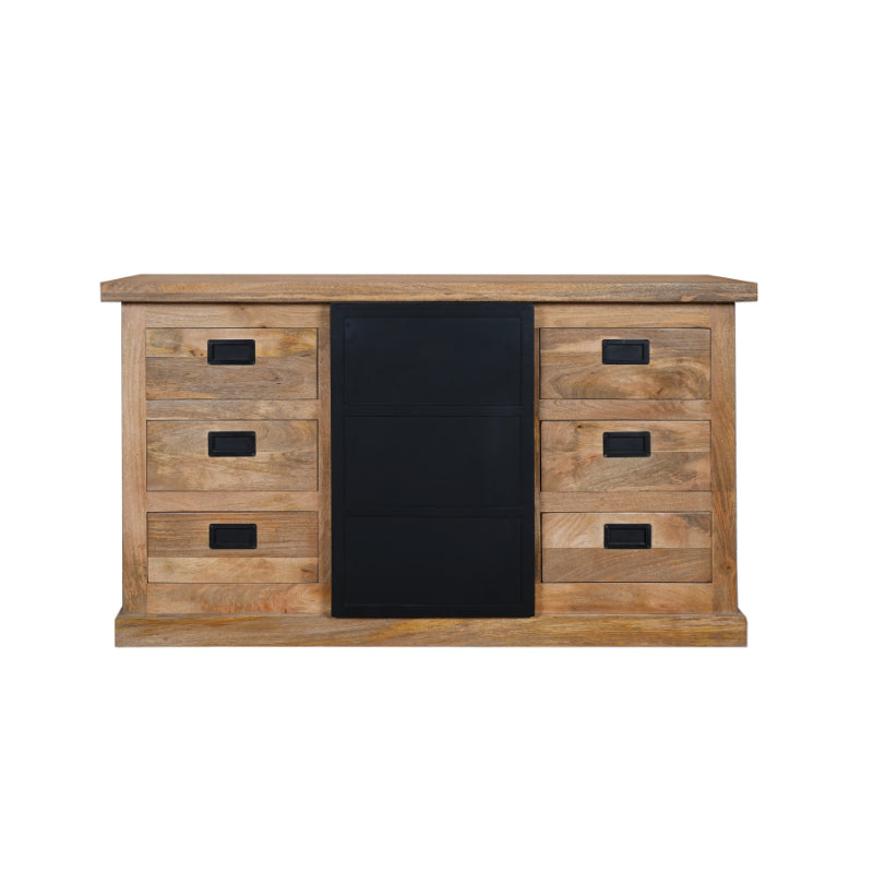 Sideboard Nizza – Mangoholz Kommode mit Metalltüren, 160×90×45 cm, stilvolles Möbelstück mit 1 Tür & 6 Schubladen im Holzstreifen-Design