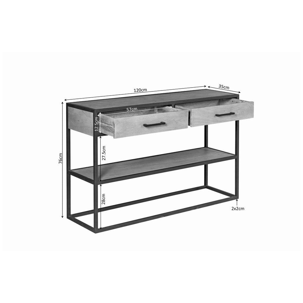 Beistelltisch Delta Natur – Mangoholz & Metall mit 2 Schubladen & Ablage, 120 x 35 x 76 cm