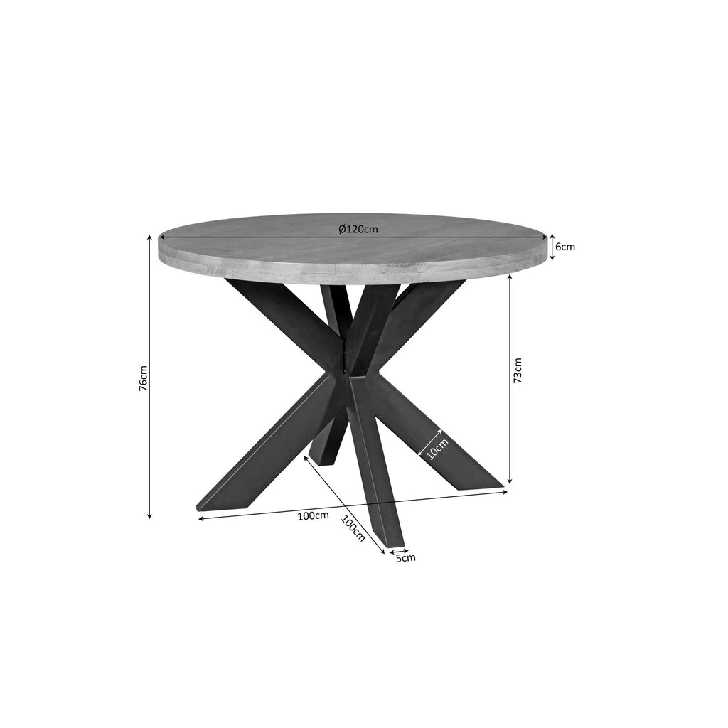 Esstisch Delta rund Ø110 cm – Mangoholz Tisch mit 6 cm Platte & Matrixgestell in Schwarz, 76 cm Höhe, modern & massiv