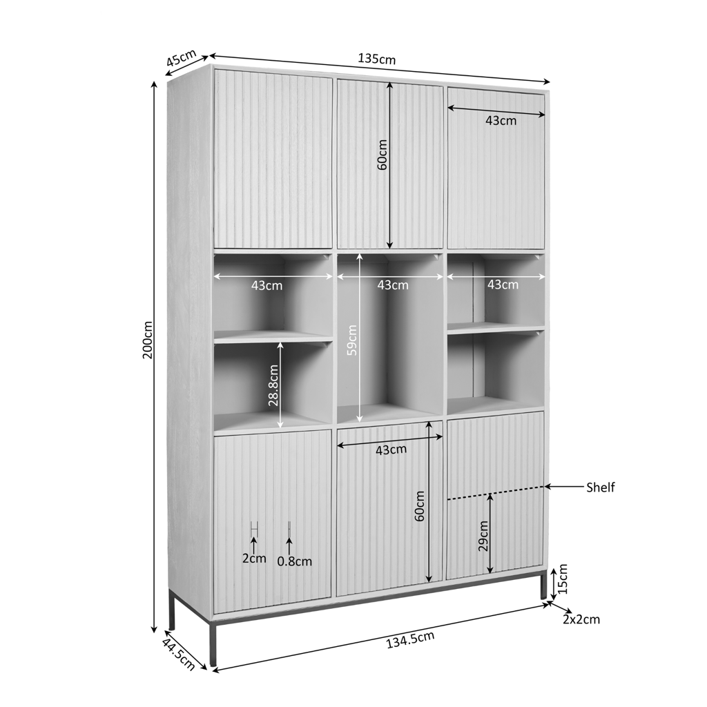 Regal Mandy XL 135x45x200 cm – Massiver Mangoholz Schrank mit Lamellen, 6 Türen & 5 offene Fächer im braunen Finish & Metallrahmen