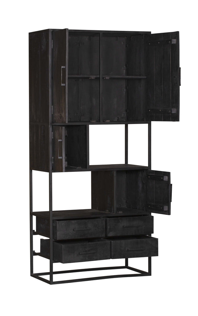Wandschrank Delta Schwarz – Regalschrank aus Mangoholz & Metall mit 4 Schubladen, 4 Türen & offenen Fächern, 90 x 45 x 200 cm