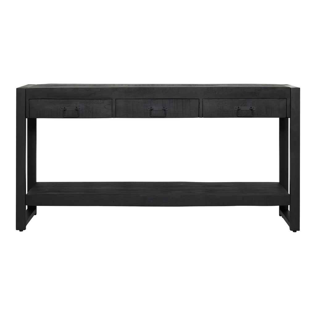 Beistelltisch Bori Schwarz – Mangoholz mit 3 Schubladen & Metallgestell, 150×35×76 cm, modern lackiertes Design