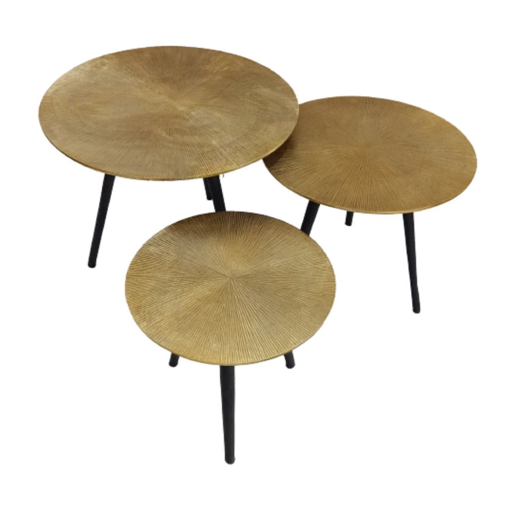 Beistelltisch-Set Ryas – 3 runde Tische aus Aluminium in Gold mit schwarzen Rahmen