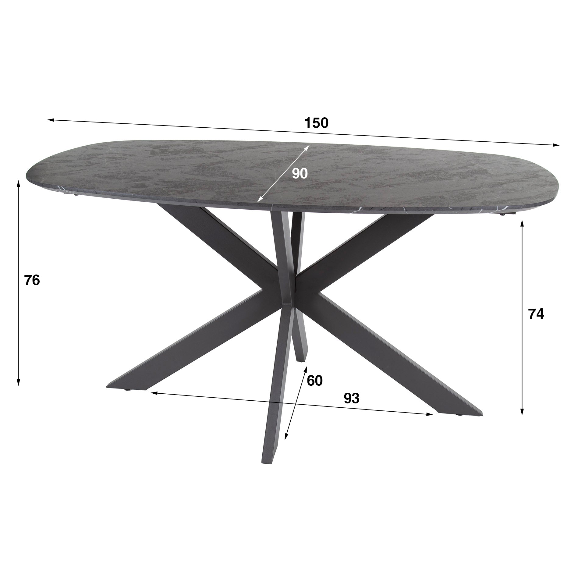 Esstisch Taviano – Ovaler Tisch in Keramikoptik mit schwarzem Spinnengestell, 150 x 90 x 76 cm, moderner Esszimmertisch