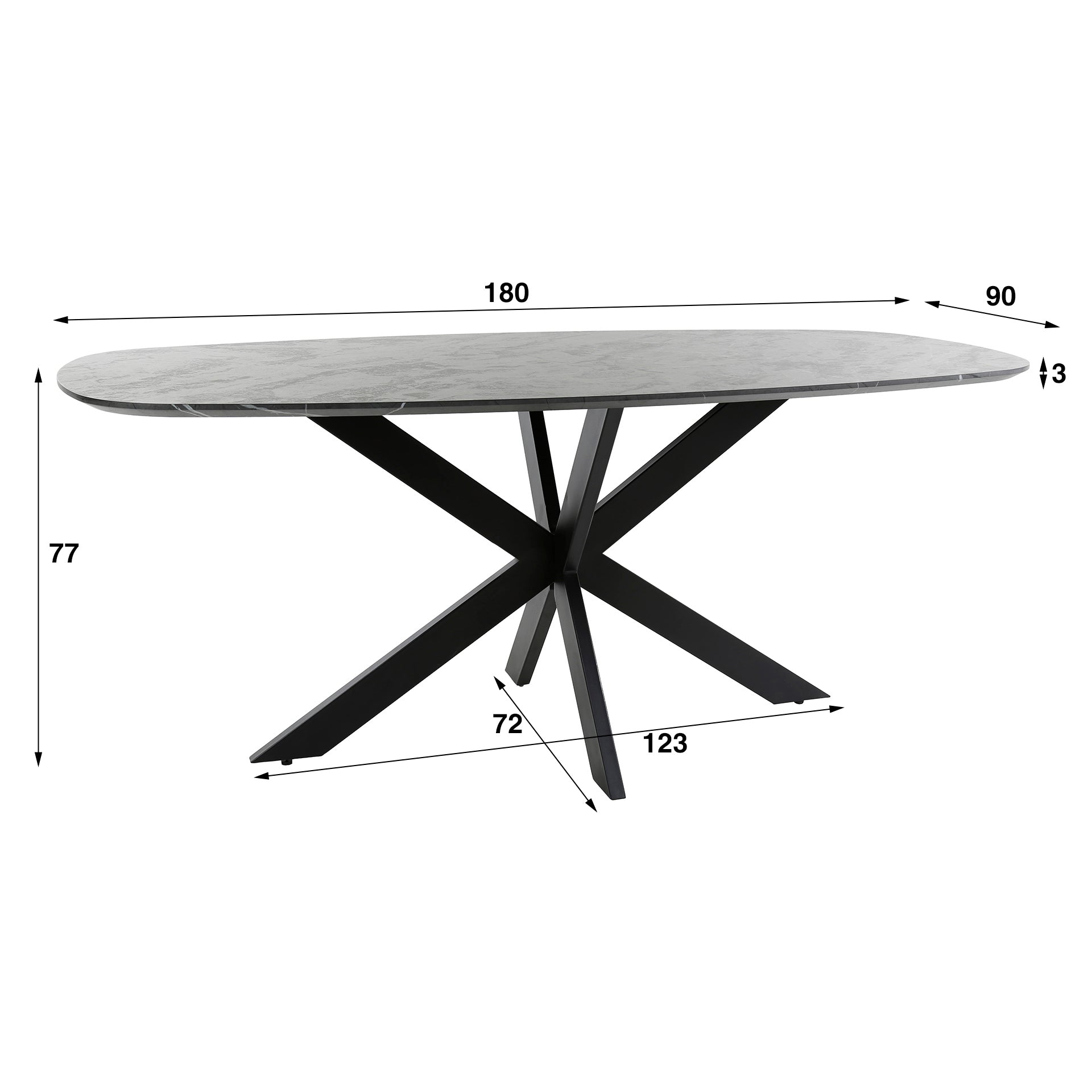 Esstisch Taviano Oval – Melamin-Tischplatte in Keramikoptik mit Spinnen-Gestell aus Stahl, 180 x 90 x 77 cm, moderner Esszimmertisch