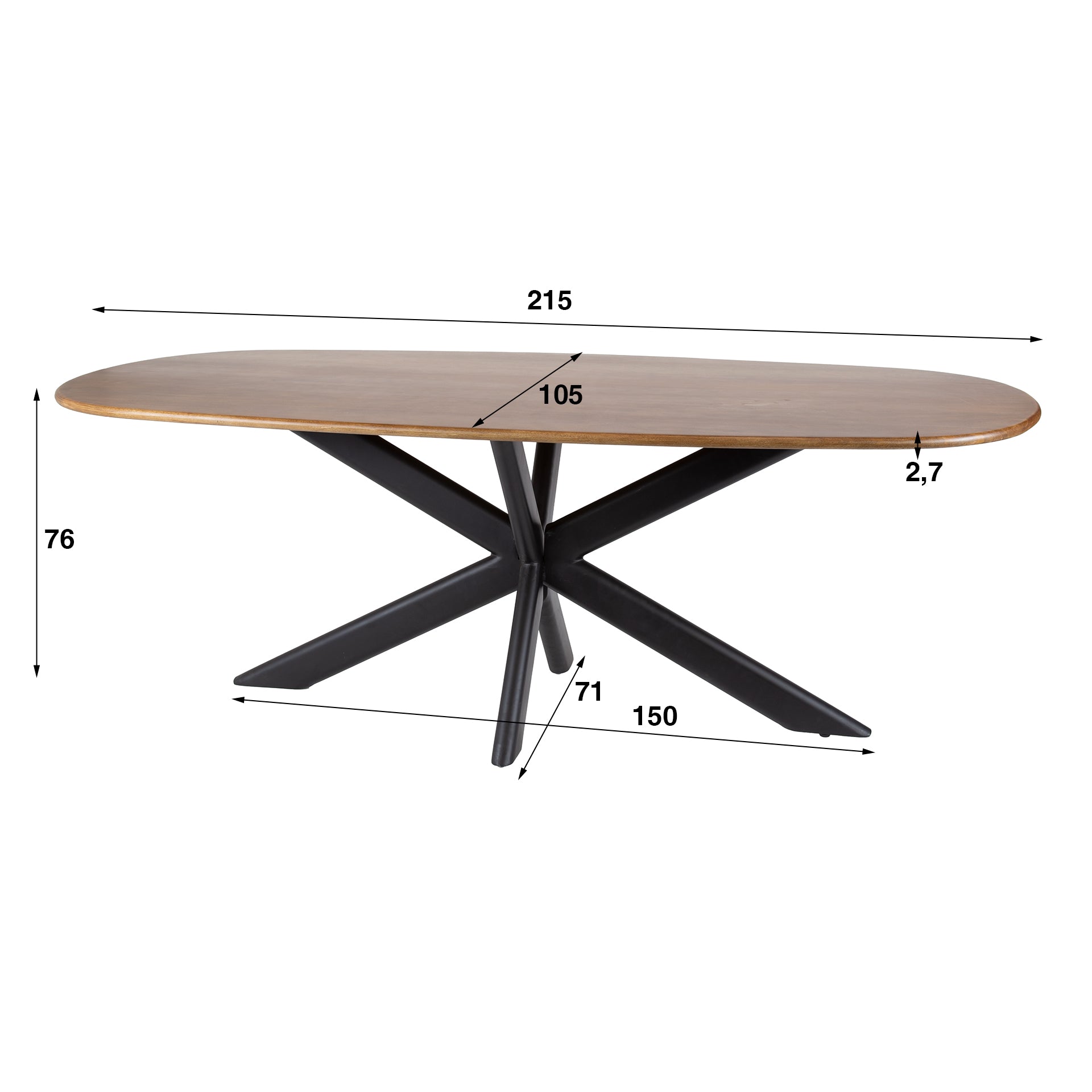 Esstisch Olvaro – Mangoholz Sand mit Spinnengestell aus Metall, 215 x 105 x 76 cm