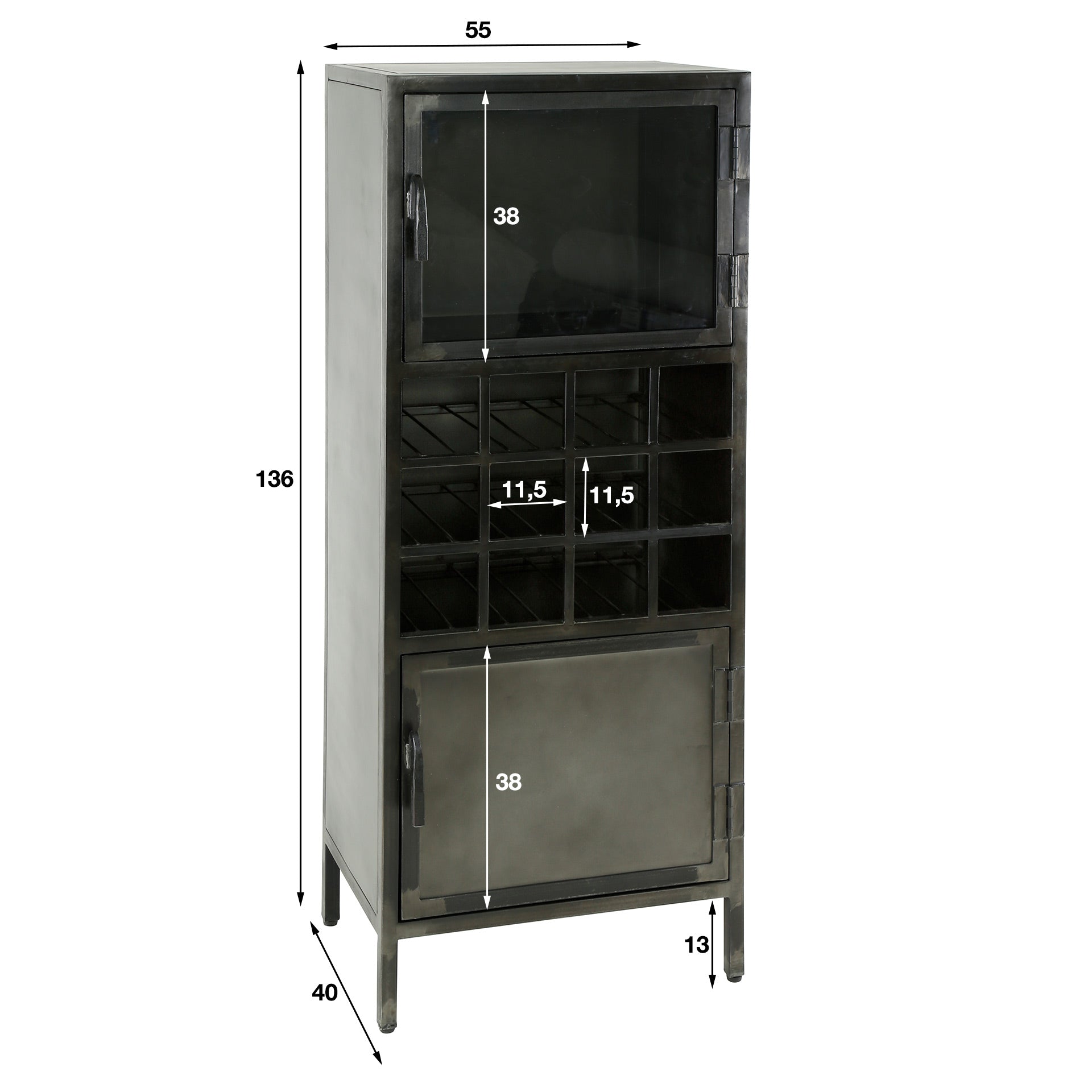 Weinschrank Ferro – Metall Gun Metal mit Glas- & Stahltür, 12 Flaschenfächer, 55 x 40 x 135 cm