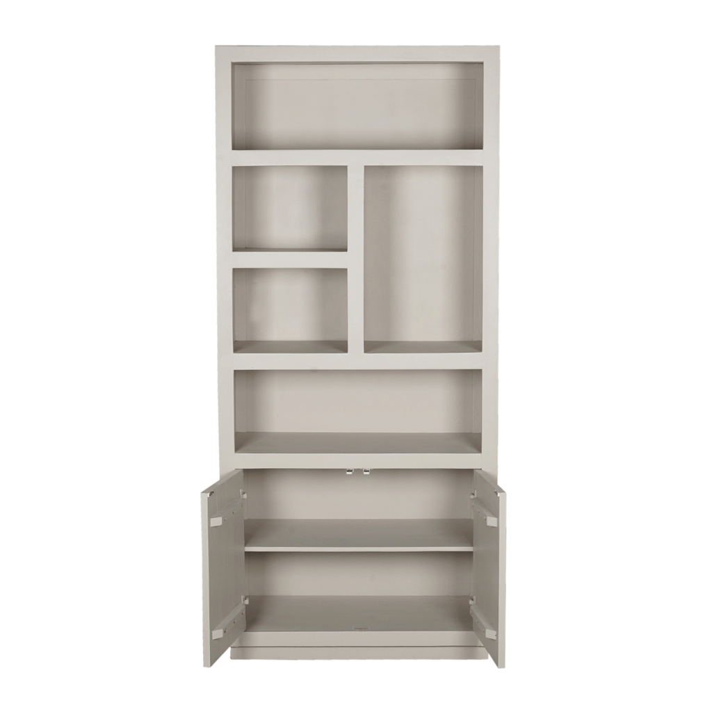 Regal Bali Sand – Standregal aus Mangoholz mit 5 Fächern & 2 Türen, 90 x 45 x 200 cm