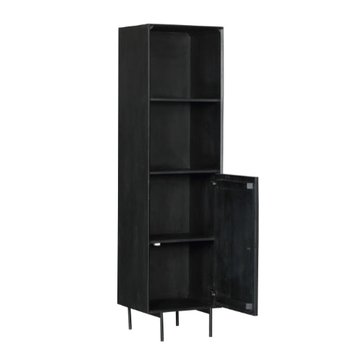 Bücherregal Mandy Schwarz – Mangoholz mit Metallrahmen, 1 Tür & 2 offene Fächer, Lamellen-Design, 55 x 45 x 200 cm
