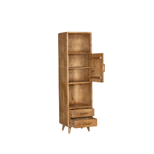 Bücherregal Raven – modernes Mangoholz Schrank 55×200×45 cm mit 2 Schubladen, 1 Tür & einzigartigem Holzdesign