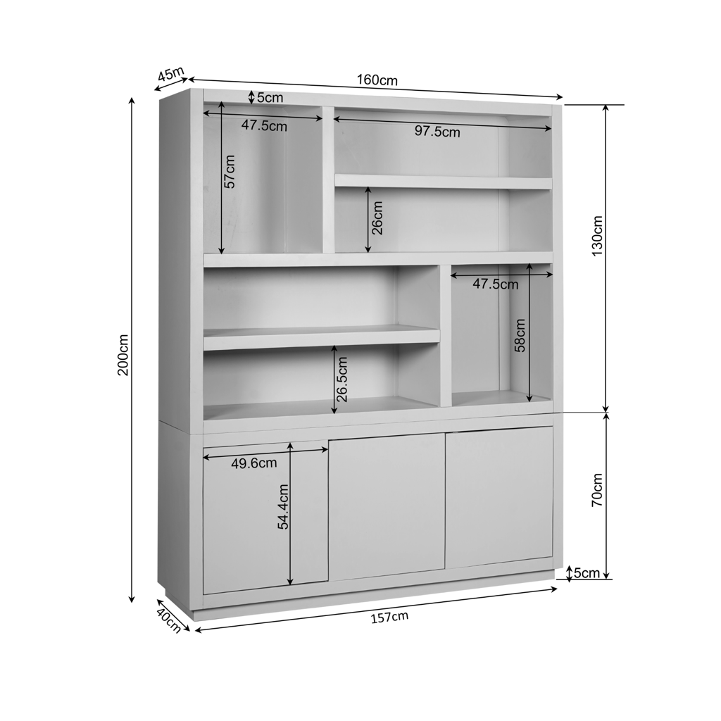 Regal Bali Braun XL – modernes Mangoholz-Regal mit offenen Fächern & 3 Türen, Push-to-Open, 160 x 45 x 200 cm