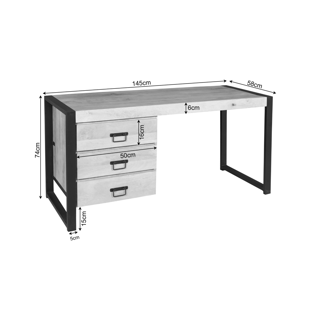 Schreibtisch Bori 145x58x74 cm – Massivholz-Mangoholz Homeoffice-Tisch mit 3 Schubladen & schwarzen Metallgriffen