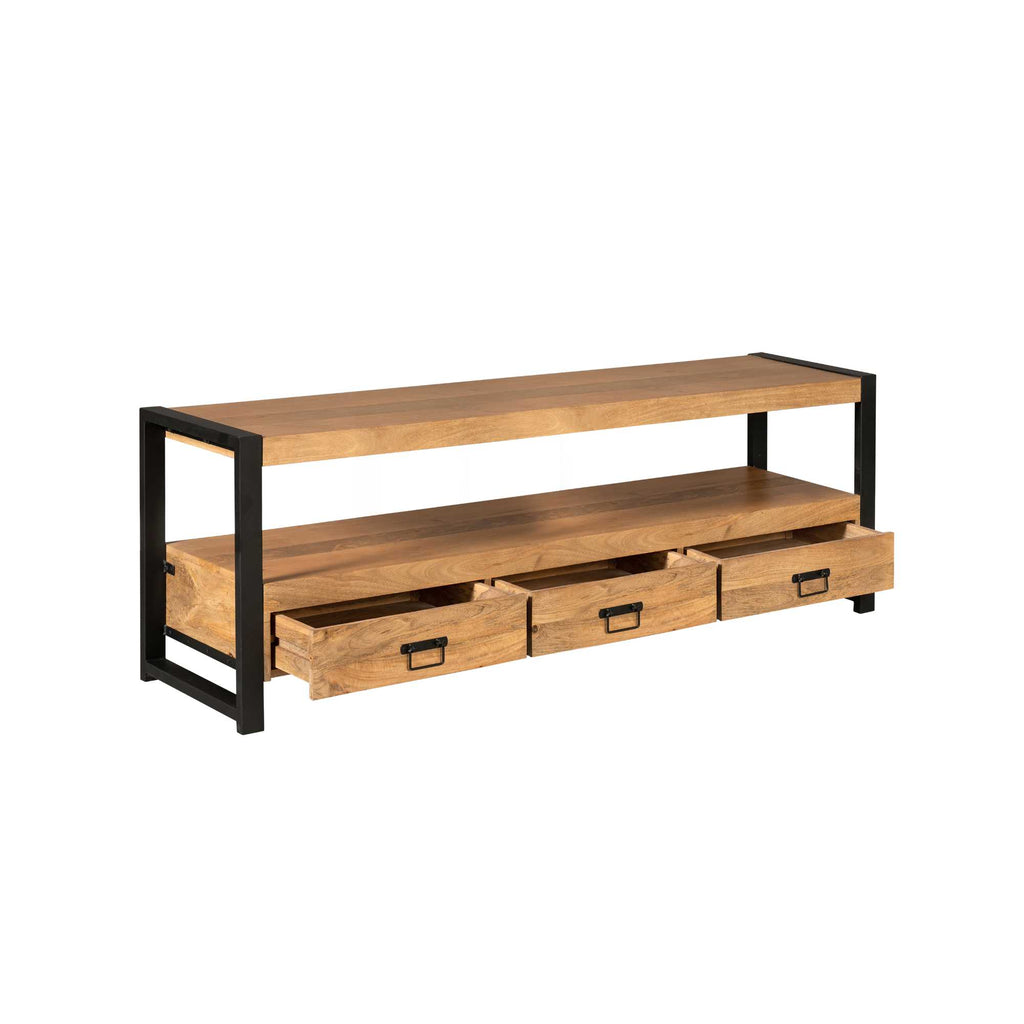 TV-Board Bori Natur – Mangoholz TV-Schrank 150×60×45 cm mit 3 Schubladen, offenem Fach & Metallgestell im modernen Design