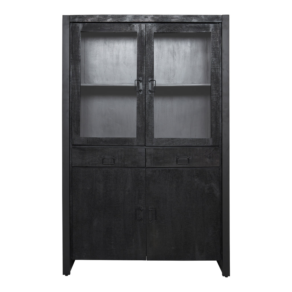 Vitrine Bori Schwarz – Mangoholz mit Metallrahmen, 2 Schubladen, 4 Türen & Regalfächer, 115 x 45 x 180 cm