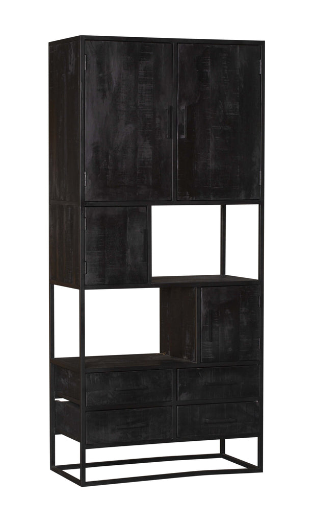 Wandschrank Delta Schwarz – Regalschrank aus Mangoholz & Metall mit 4 Schubladen, 4 Türen & offenen Fächern, 90 x 45 x 200 cm