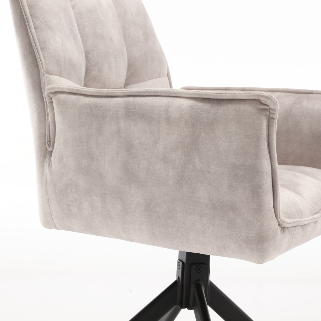 Esszimmerstuhl Daira Velvet Champagner – Drehstuhl 65×56×85 cm mit Armlehnen, Memory-Rückkehr & schwarzem Metallbein