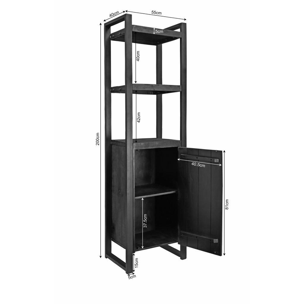 Regal Bori Schwarz 55x40x200 cm – modernes Mangoholz Schrank mit Tür & Regalfächern