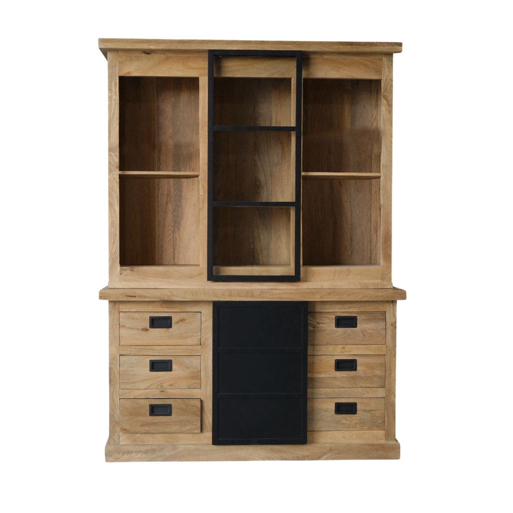 Vitrine Nizza – Mangoholzschrank mit schwarzen Metalltüren, 160×45×220 cm, 4 Türen & 6 Schubladen im modernen Design