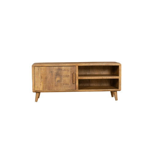 TV-Board Raven – Mangoholz TV-Schrank 120×50×45 cm mit 2 offenen Fächern, 1 Tür & dekorativen Holzelementen im modernen Design