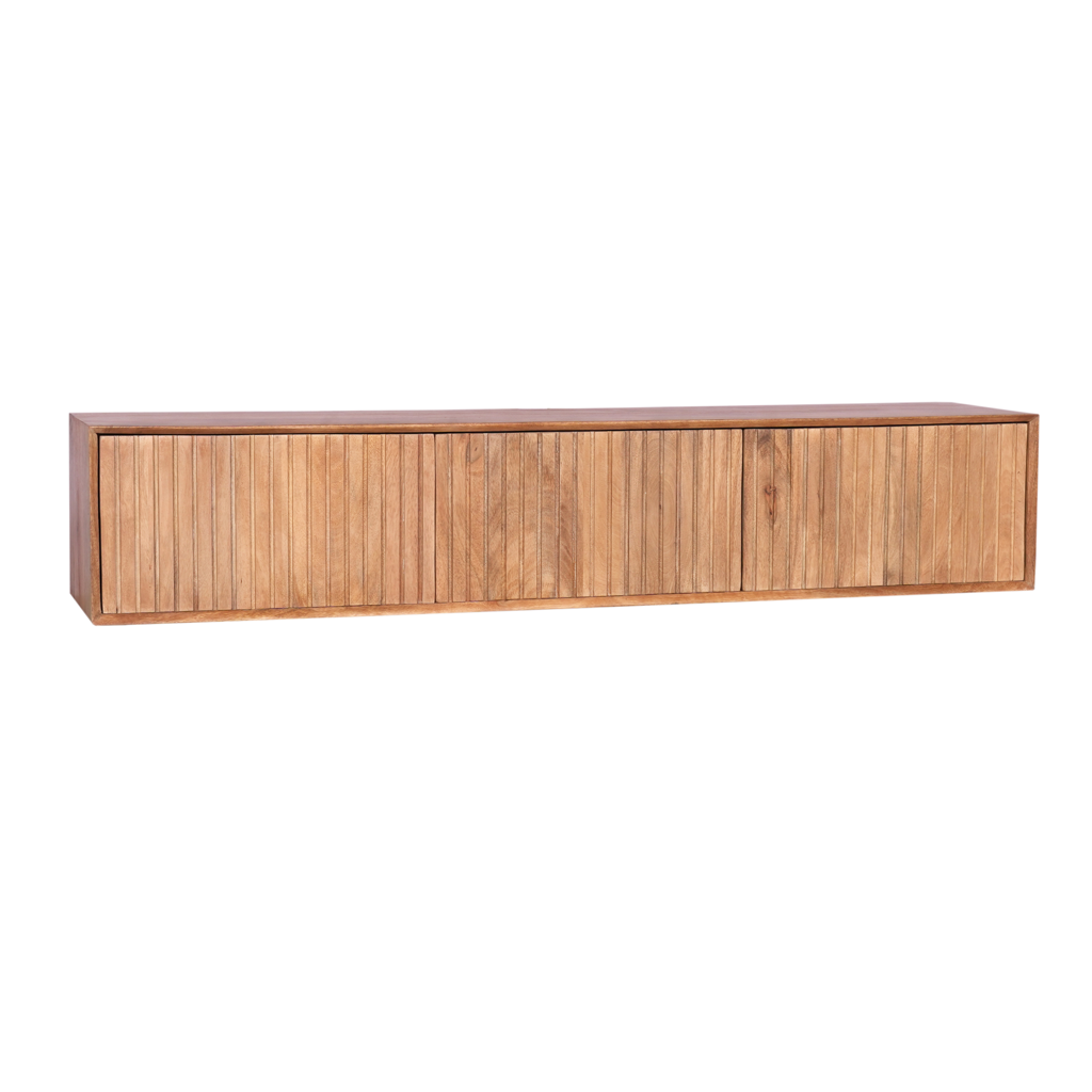 TV Board Mandy Naturel hängend – Lowboard aus massivem Mangoholz mit Lattenmuster & Push-to-Open, 280x35x30 cm