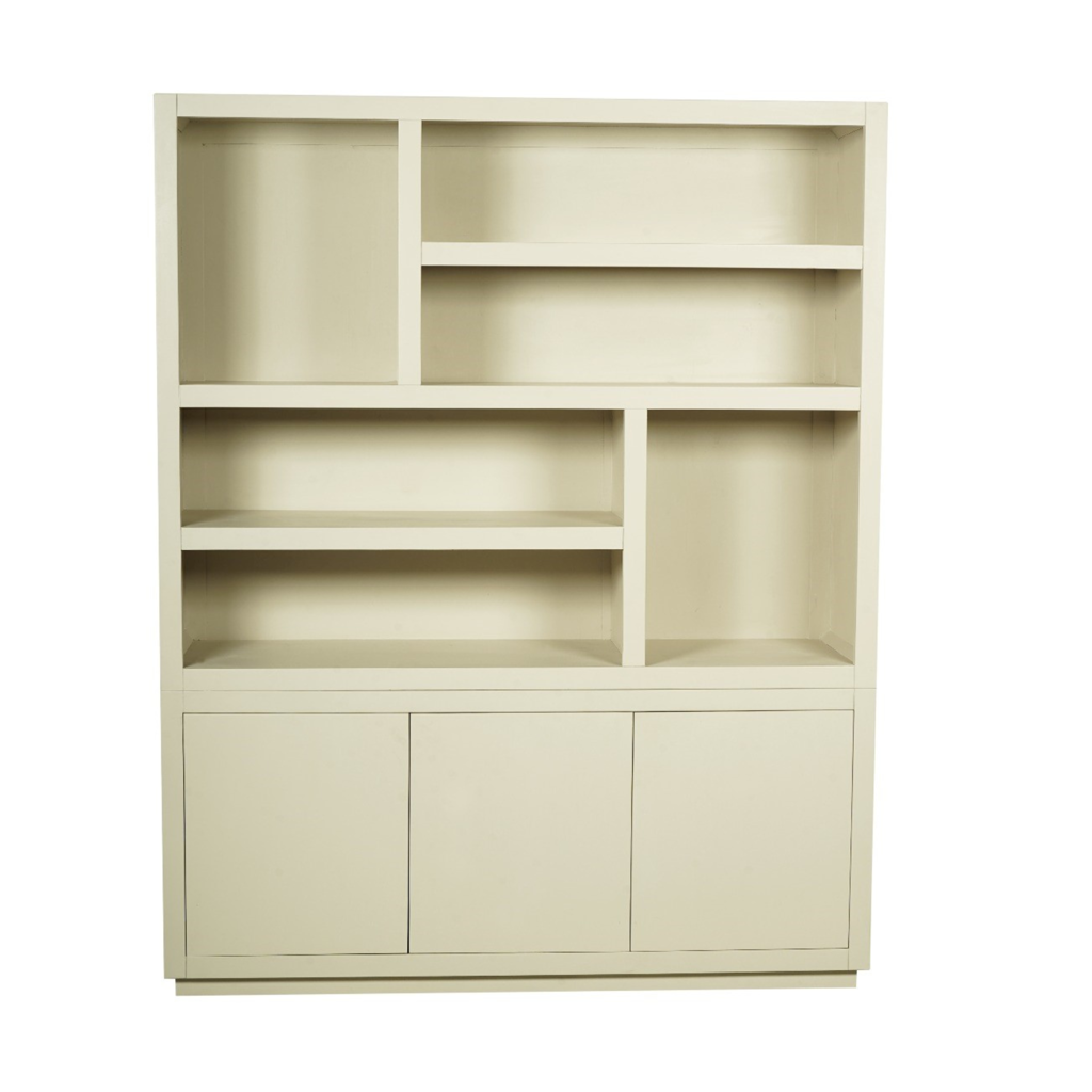 Regal Bali XL 160x45x200 cm – Mangoholz Bücherregal in Sand-Finish mit offenen Fächern & 3 Türen (Push-to-Open)
