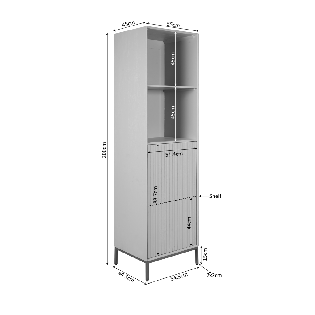 Regal Mandy Braun 55x45x200 cm – moderner Schrank aus Mangoholz mit Tür, Fächern & Lamellenfront