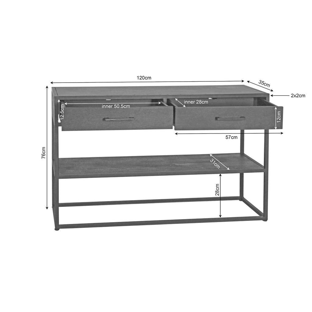 Beistelltisch Delta Natur – Mangoholz & Metall mit 2 Schubladen & Ablage, 120 x 35 x 76 cm