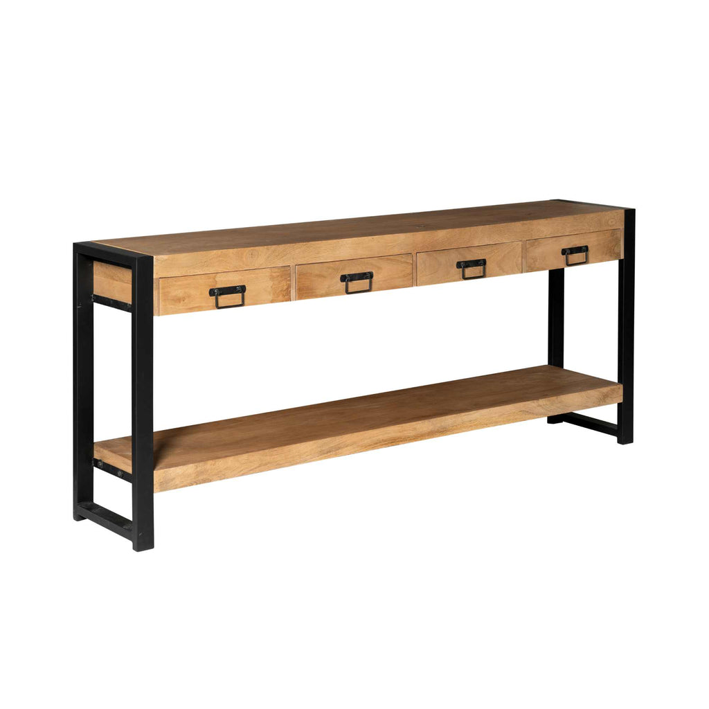 Beistelltisch Bori Schwarz – Mangoholz Tisch 180×76×35 cm mit 4 Schubladen & modernem Metallgestell