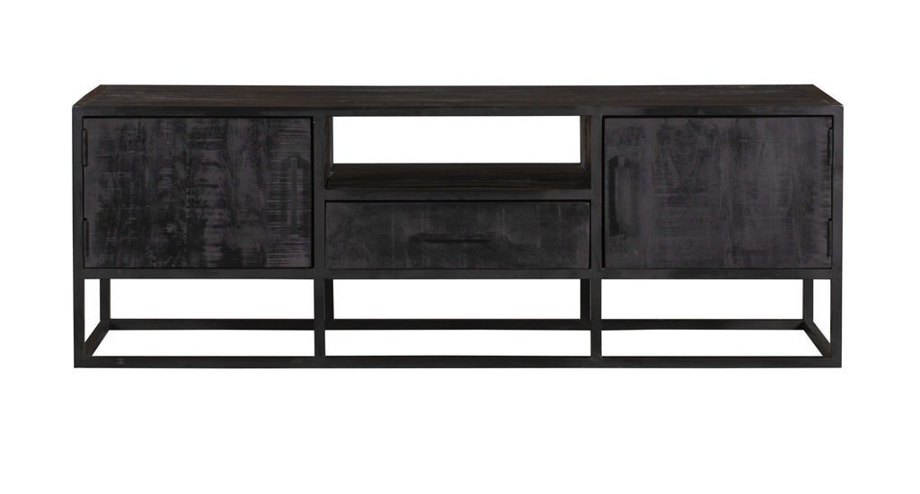 TV-Board Delta Schwarz – TV-Schrank aus Mangoholz 145×50×45 cm mit Schublade, offenem Fach & 2 Türen im modernen Metall-Design