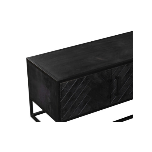 TV Board Sydney Schwarz – Lowboard aus Mangoholz & Metall mit Fischgrätmuster, 4 Türen, 1 Schublade & Fach, 240 x 45 x 50 cm