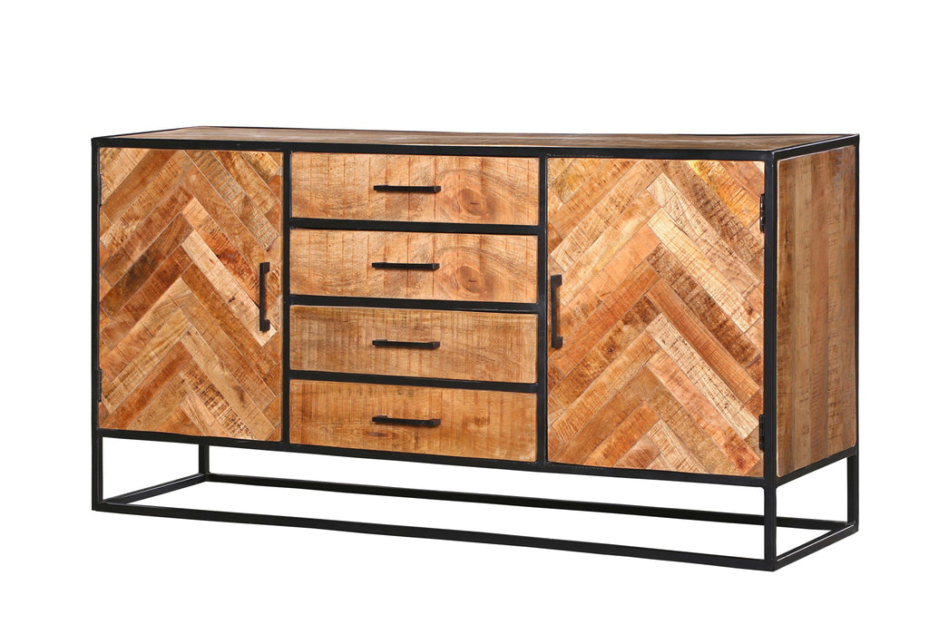Sideboard Bori Natur– Mangoholz mit Metallgestell & 2 Türen, 3 Schubladen, 160 x 40 x 80 cm, modernes Stauraum-Design