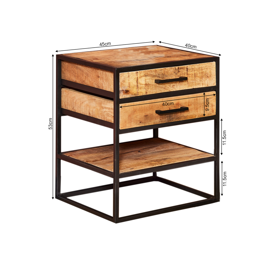Nachttisch Delta Natur aus Mangoholz,  Natur,  45x40x53 cm – moderner Beistelltisch mit 2 Schubladen & Metallgestell