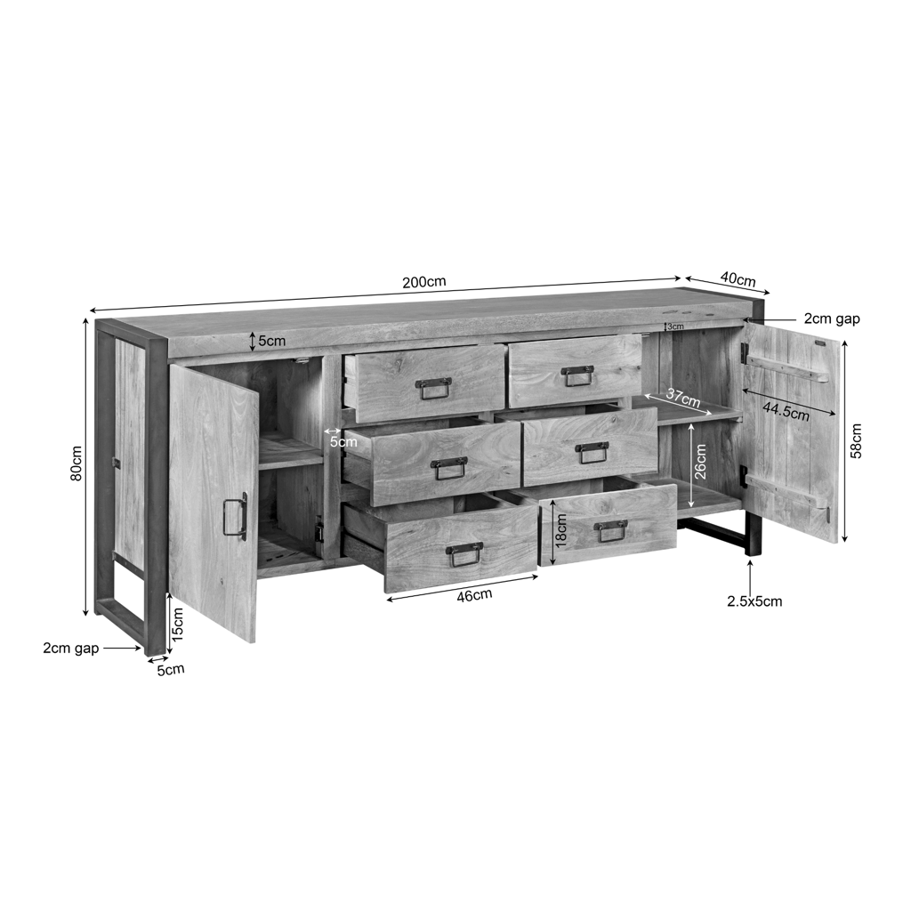 Sideboard Bori Natur– Mangoholz Kommode mit Metallgestell 200×80×40 cm, 2 Türen, 6 Schubladen & Regale. Modernes Möbelstück