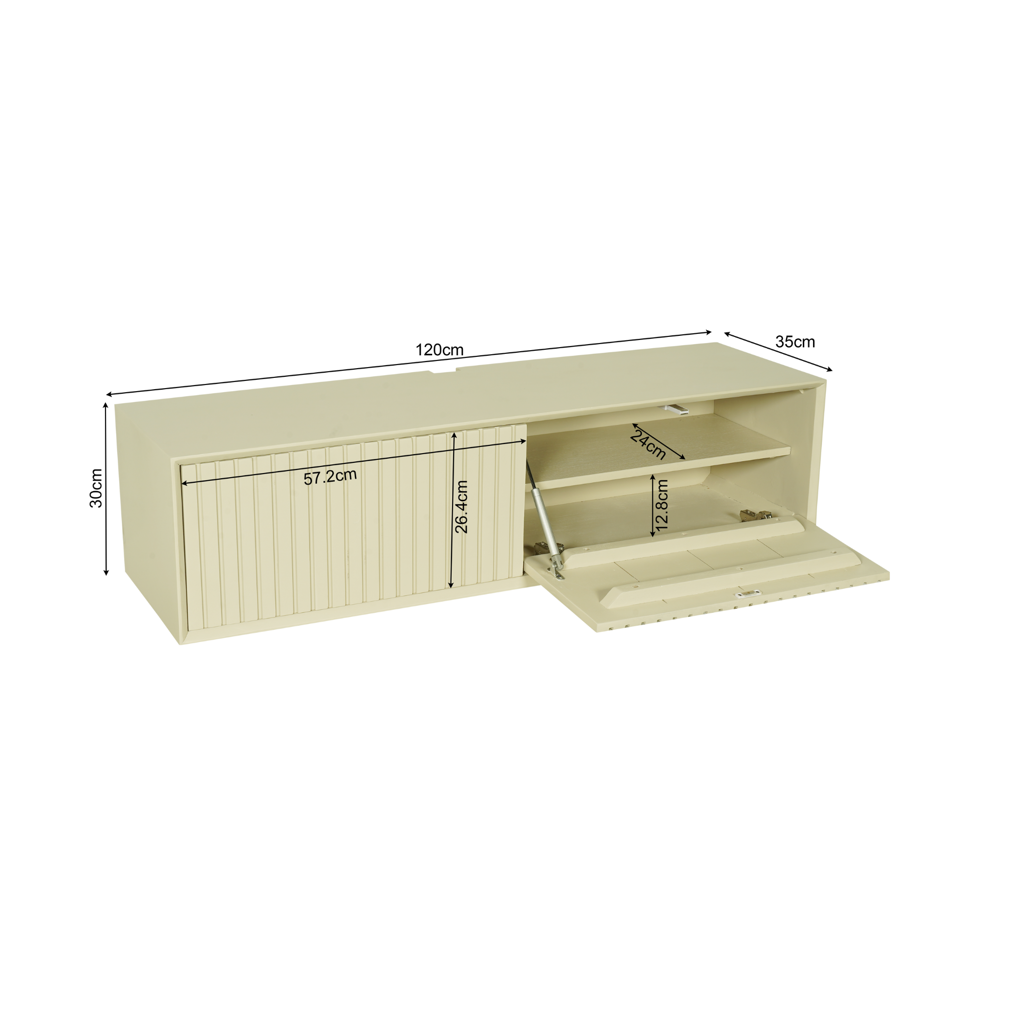 Schwebendes TV-Board Mandy Sand – Mangoholz mit Lattenmuster, 120 x 35 x 30 cm, modernes Design & luftige Eleganz fürs Wohnzimmer