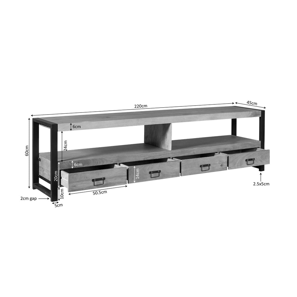 TV Board Bori Natur 220x45x60 cm – Mangoholz Lowboard mit 4 Schubladen, offenem Fach & Strukturfront