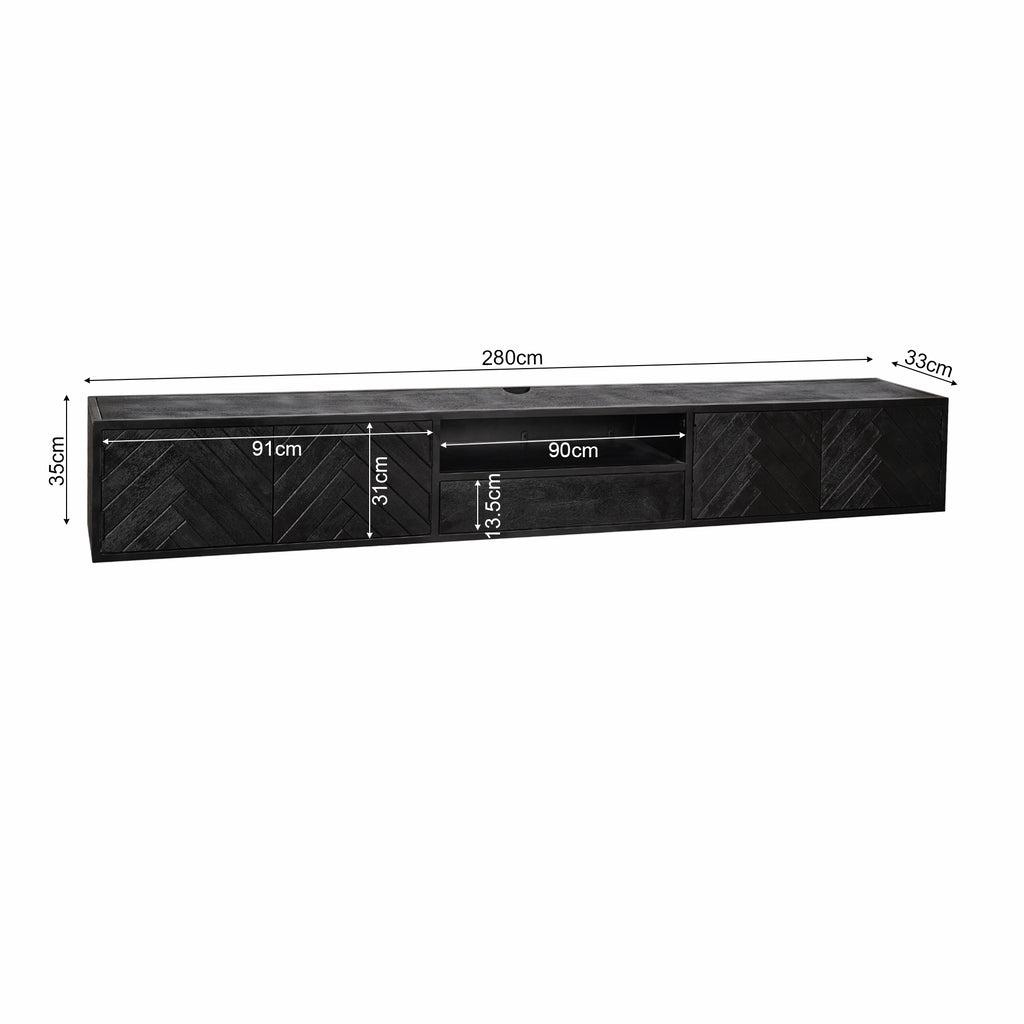 TV-Board Jacky 280x35x33 cm – modernes Mangoholz mit Fischgrätfront in Schwarz & offenem Fach