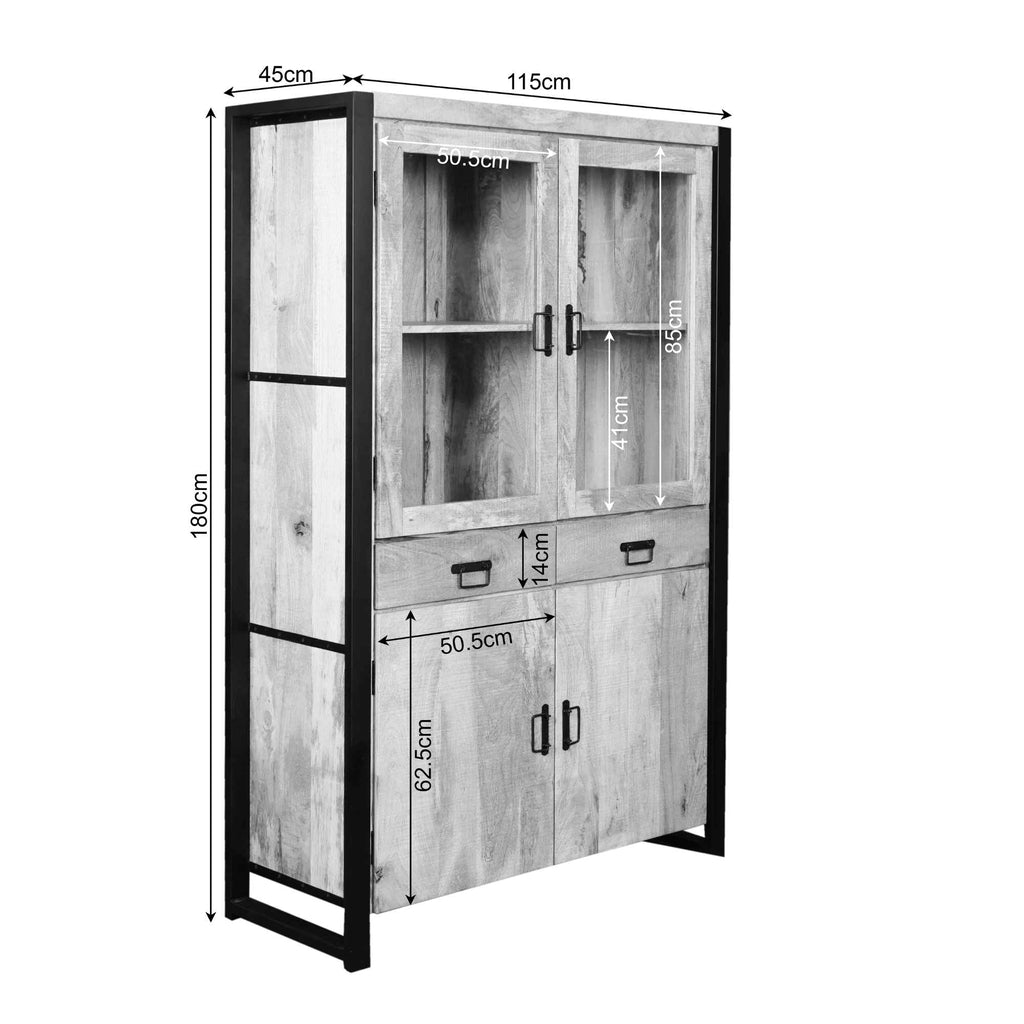 Vitrinenschrank Bori 115x45x180 cm – modernes Mangoholz-Highboard mit Metallrahmen & viel Stauraum